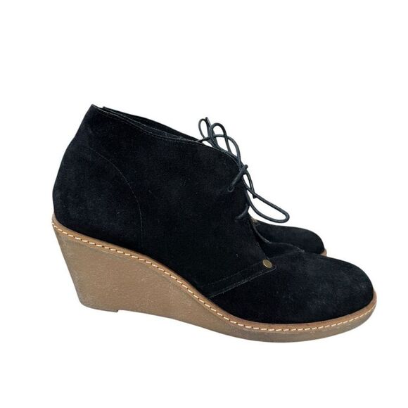 Lucky Brand Junes Washed Split BLACK Suede Leather Wedge Ankle Booties size 9 - Picture 1 of 5